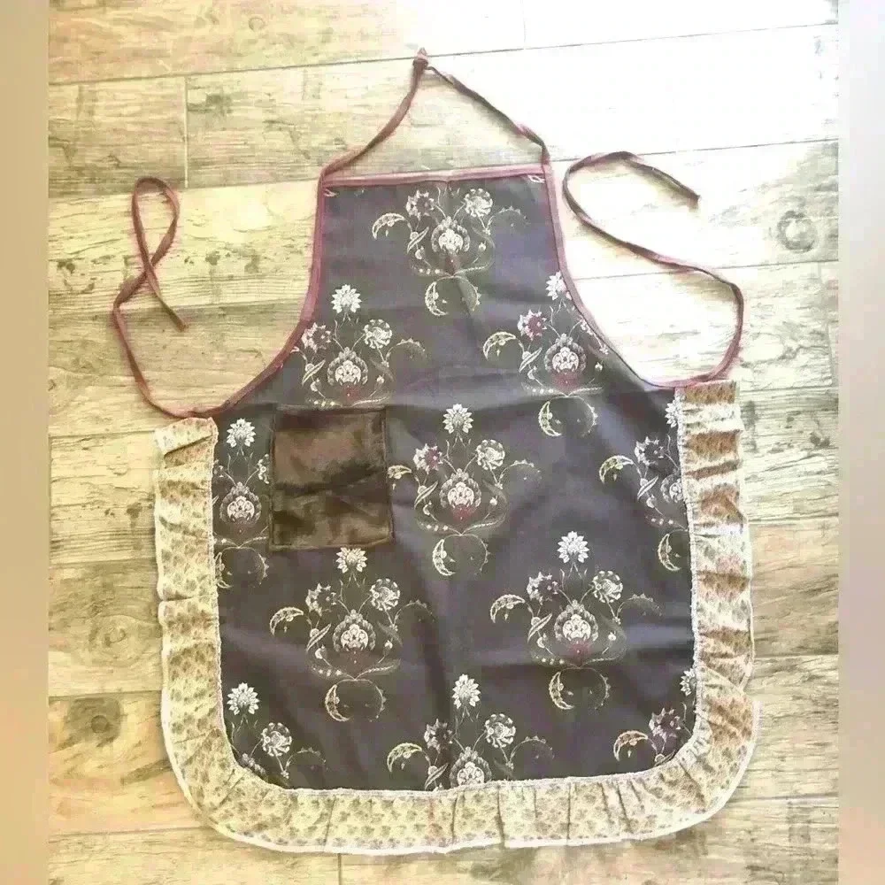 HANDMADE VTG UPHOLSTERY CANVAS FABRIC STANDARD SIZE BROWN WITH RUFFLE APRON
